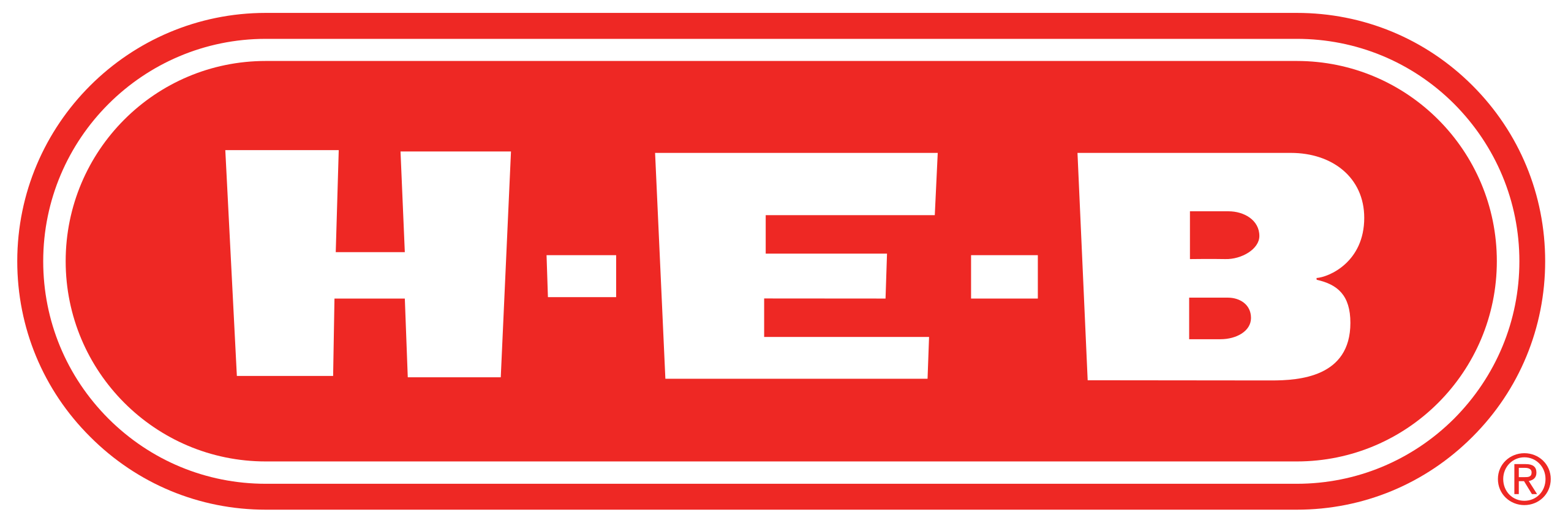 Logo featuring white 'H-E-B' letters on a red oval background.